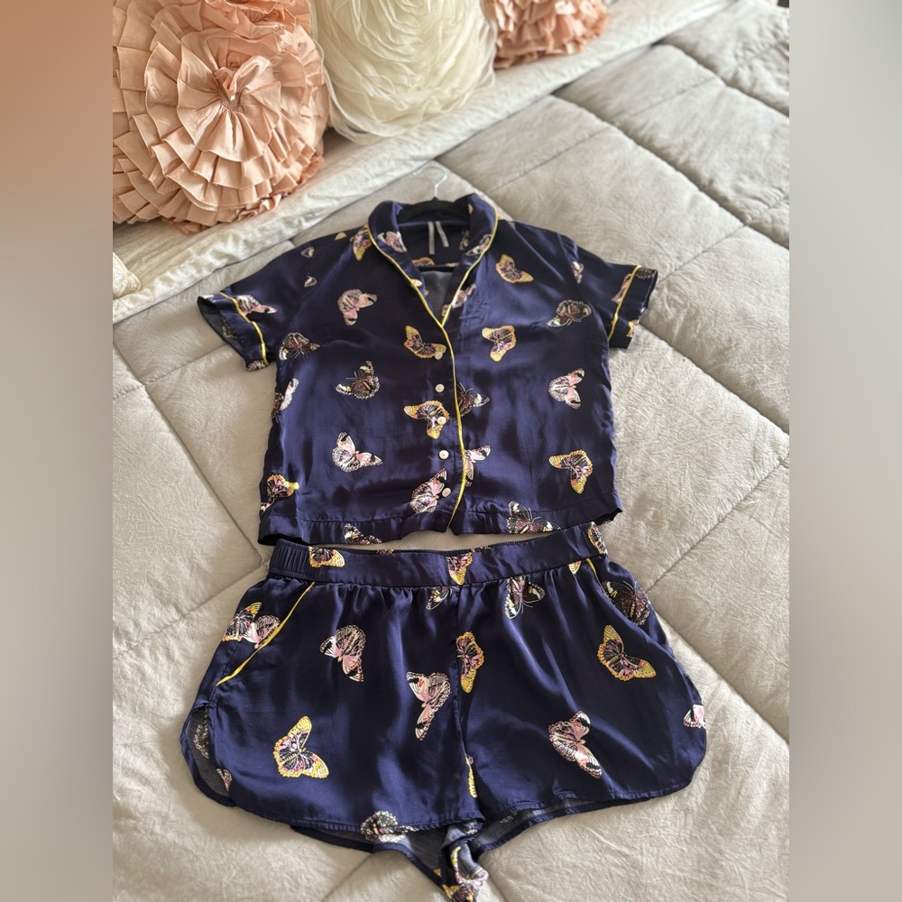 Anthropologie Navy Butterfly Pajama Set